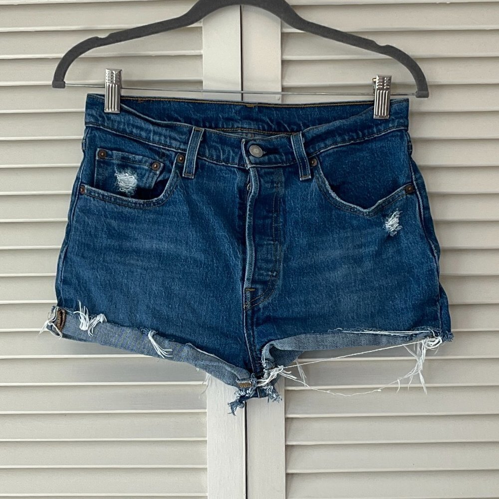 Levi's Dark Blue Distressed Denim Cutoff Shorts